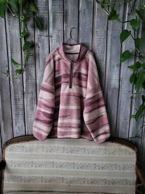 Hyba Sherpa Fleece Quarter Zip Pullover Pockets Mauve Striped Fit Oversized XXL